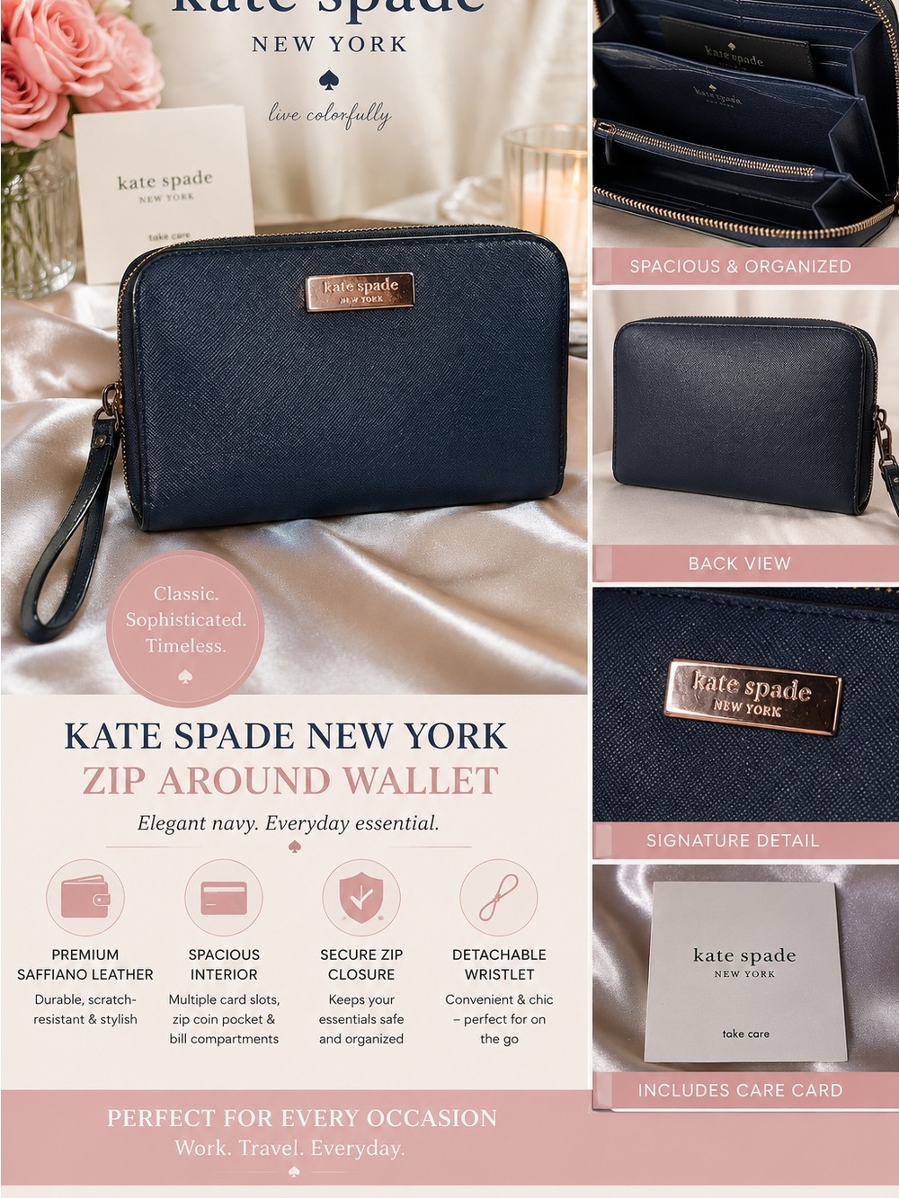 kate spade navy zip-around wristlet wallet with rose gold logo